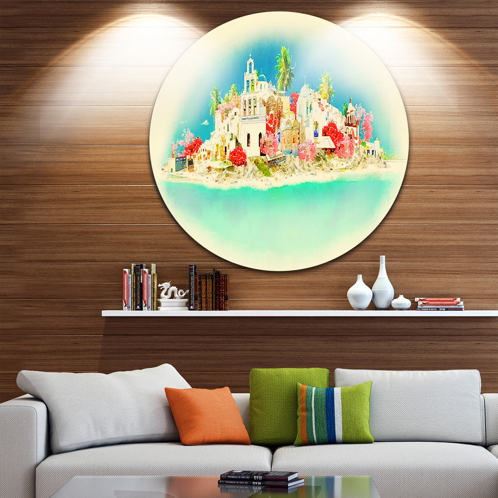 Santorini Panoramic View, Cityscape Watercolor Round Metal Artwork, 11"