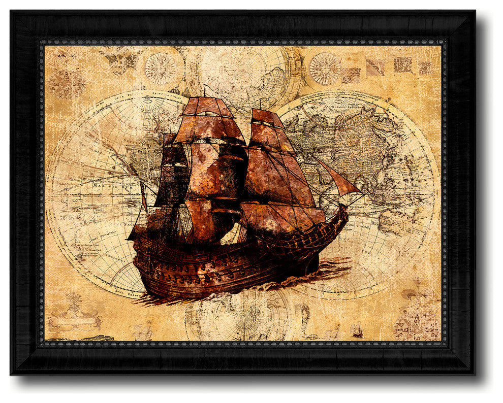 Boat Vintage Nautical Map Print on Canvas with Picture Frame, 18" x 23"