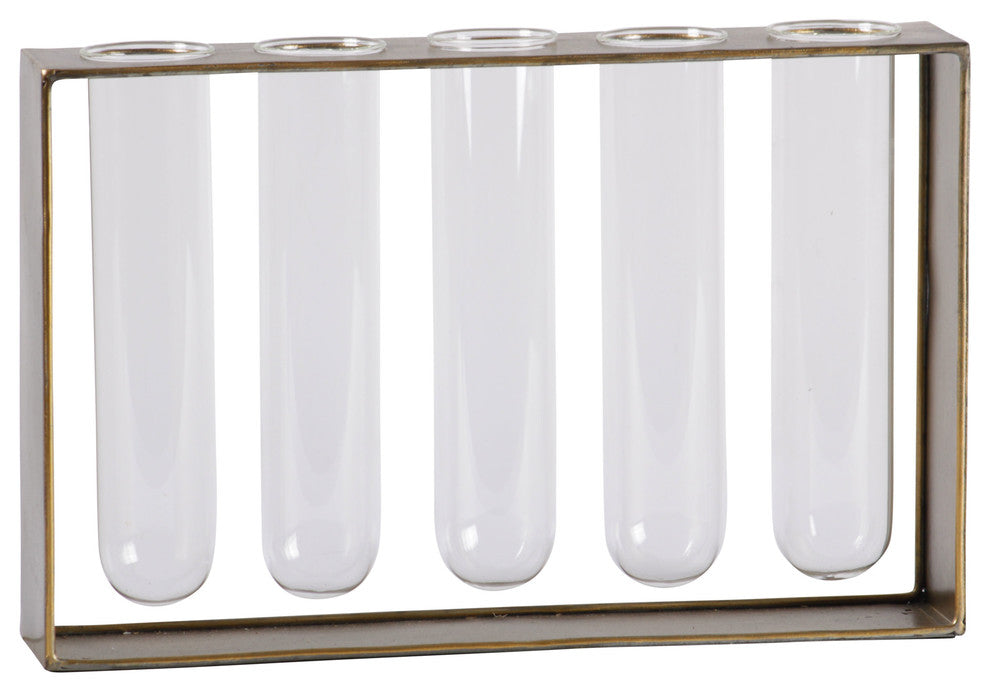 Metal Clustered Hanging Bud Vase Holder with 5 Glass Tubes, Antique Gold Finish