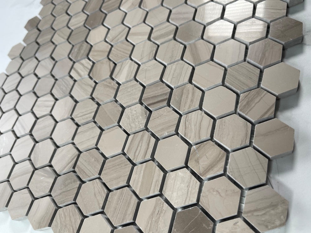 1" Hexagon Athens Grey Marble Tile Haisa Dark Mosaic Polished, 1 sheet