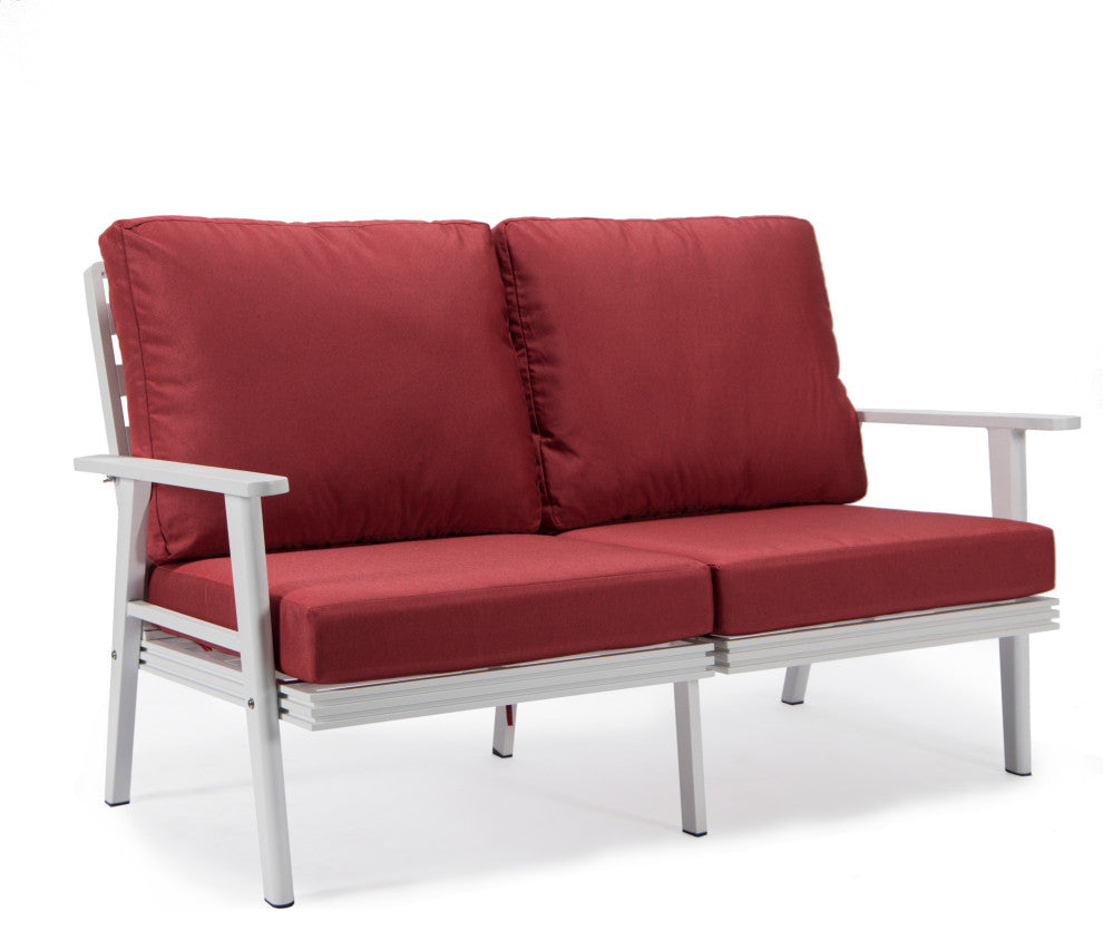 LeisureMod Walbrooke 3-Piece Patio Set With White Aluminum Frame and Cushions, Red