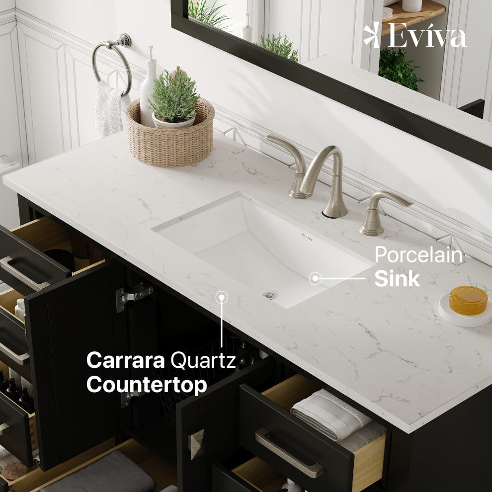 Eviva Aberdeen 48"Wx22"D Bathroom Vanity, White Carrara Quartz Countertop
