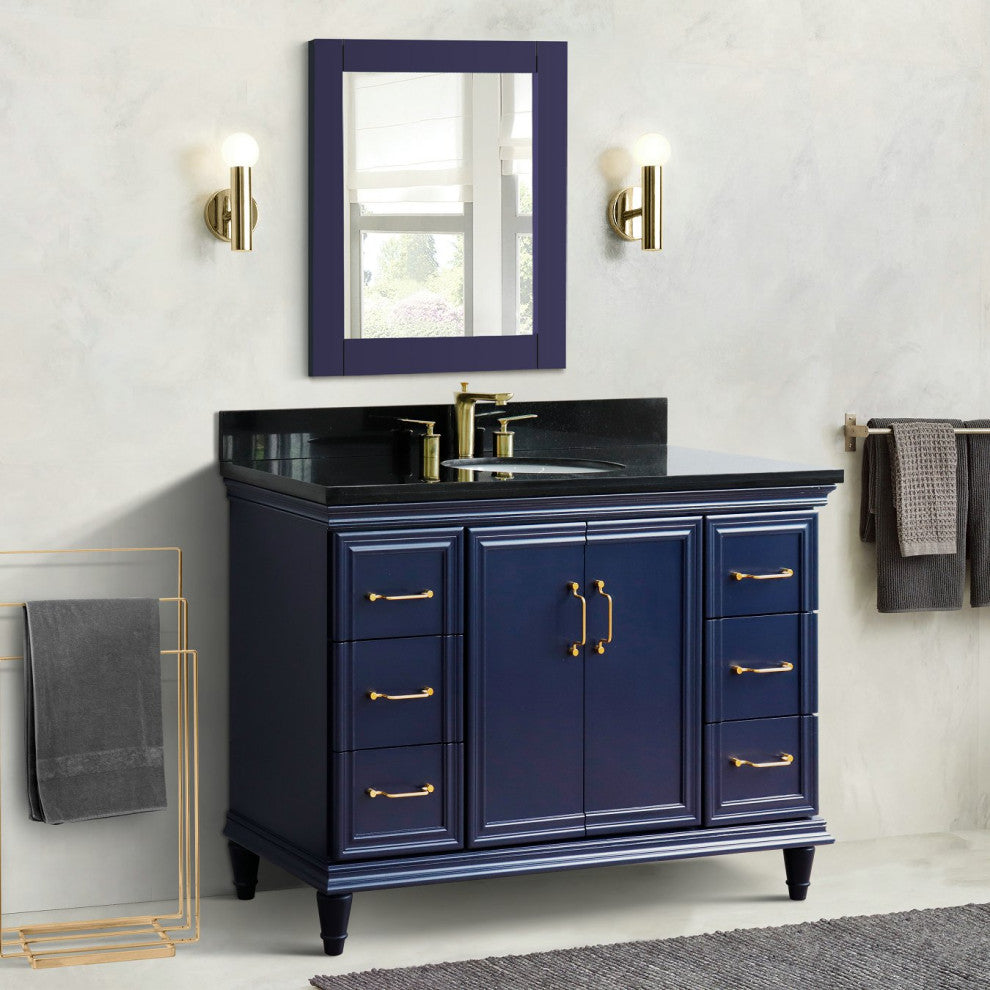 49" Single Sink Vanity, Blue Finish With Black Galaxy Granite And Oval Sink