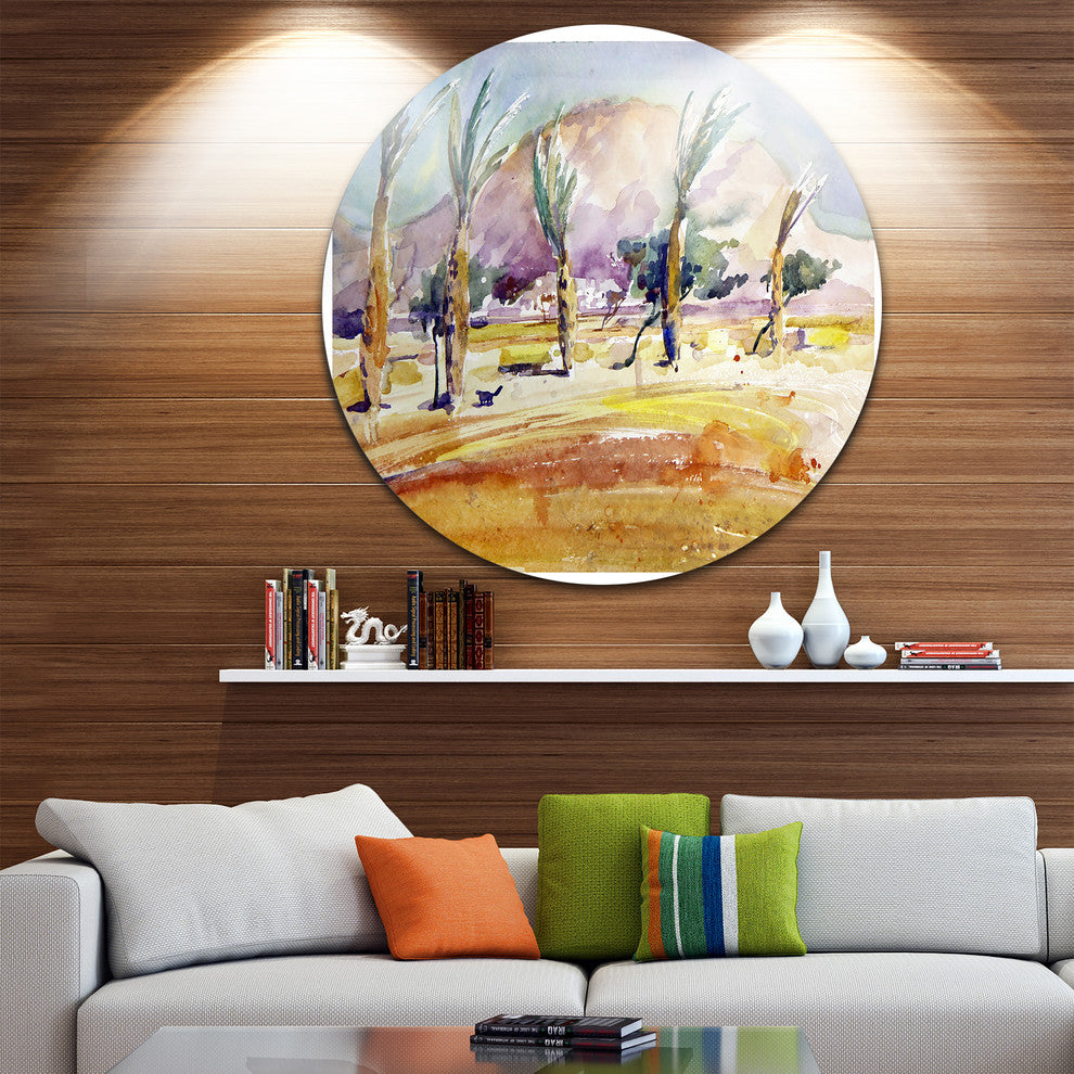 Watercolor Sea And Palm, Landscape Disc Metal Wall Art, 23"