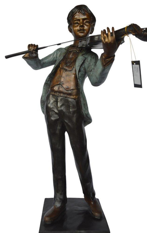 Boy playing violin large bronze statue -  Size: 31"L x 31"W x 50"H.