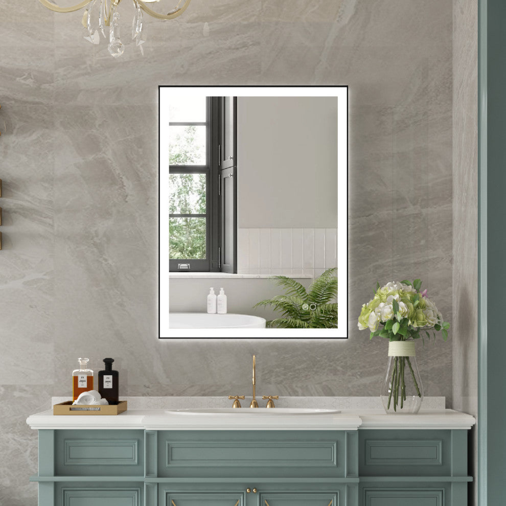 Framed LED Lighted Bathroom Vanity Mirror With Defogger, Matte Black, 24"x32"