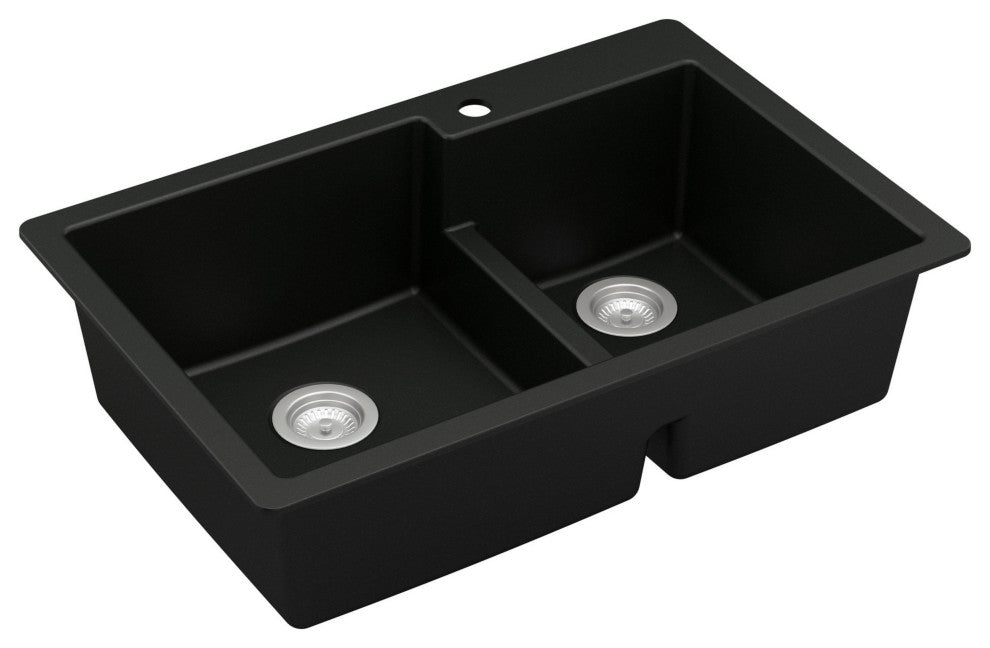 Karran 33" Top Mount Double Bowl 60/40 Quartz Kitchen Sink Kit, Black