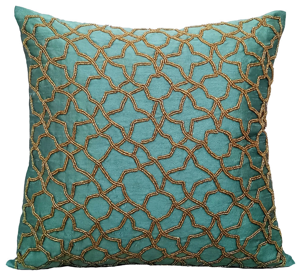 Blue DecorativeThrow Pillow Covers 20"x20" Silk Cushion Covers - Teal Geometry