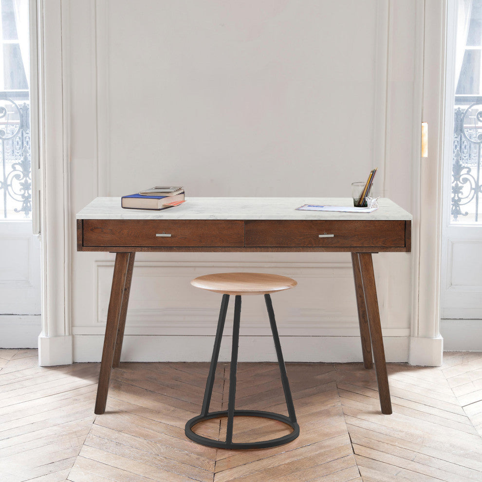 Viola 44" Rectangular Italian Carrara White Marble Writing Desk, Walnut, 15"