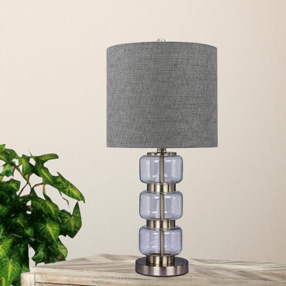 26" Smooth, Stacked Glass & Metal Table Lamp, Brushed Steel & Clear