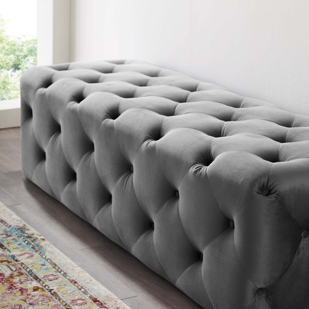 Tufted Accent Chair Bench, Velvet, Gray, Modern, Living Lounge Hospitality