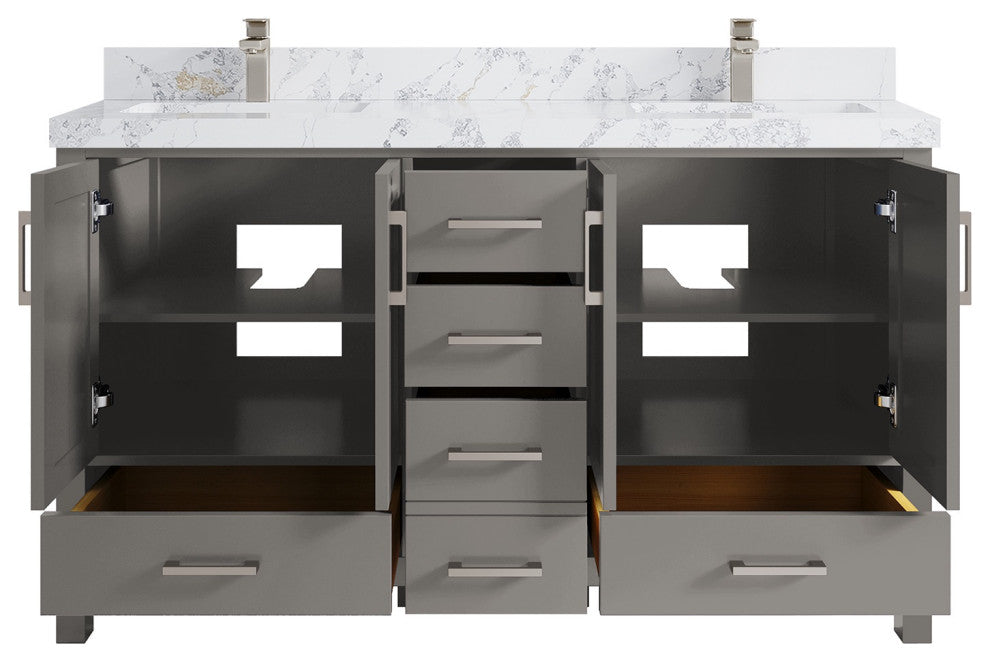 Malibu 60 Double Sink Vanity in Elephant Skin Gray 2" Calacatta Poanazzo