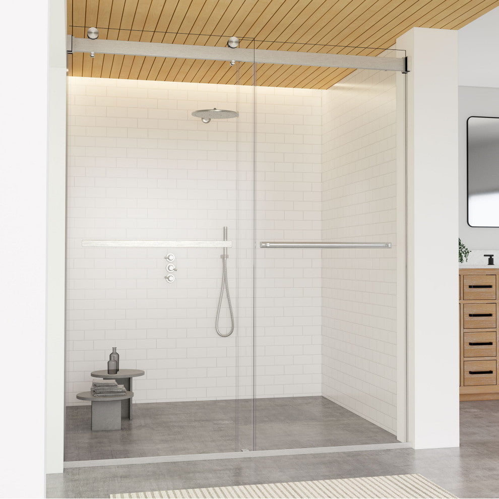 Marcelo By Pass Frameless Shower Door, Clear Glass, Brushed Nickel, 64"wx76"h