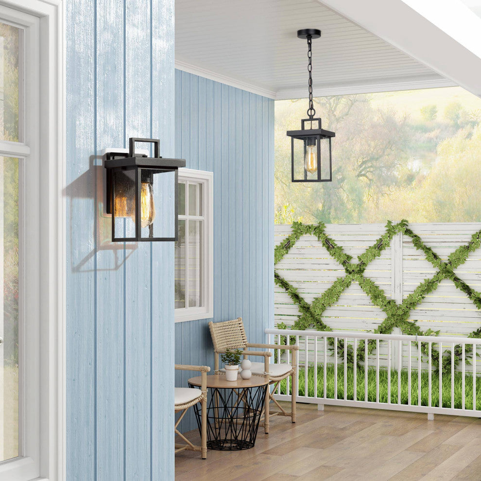 LNC 1-Light Industrial Outdoor Wall Lantern with Seeded Glass Panels, Single Pendant
