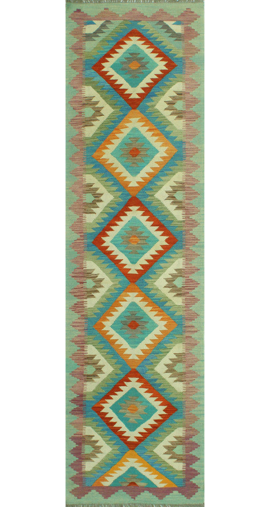 Sangat Kilim Belva Light Green/Blue Runner, 2'7x9'11