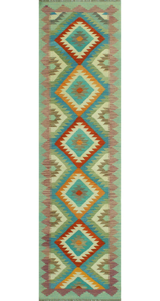 Sangat Kilim Belva Light Green/Blue Runner, 2'7x9'11