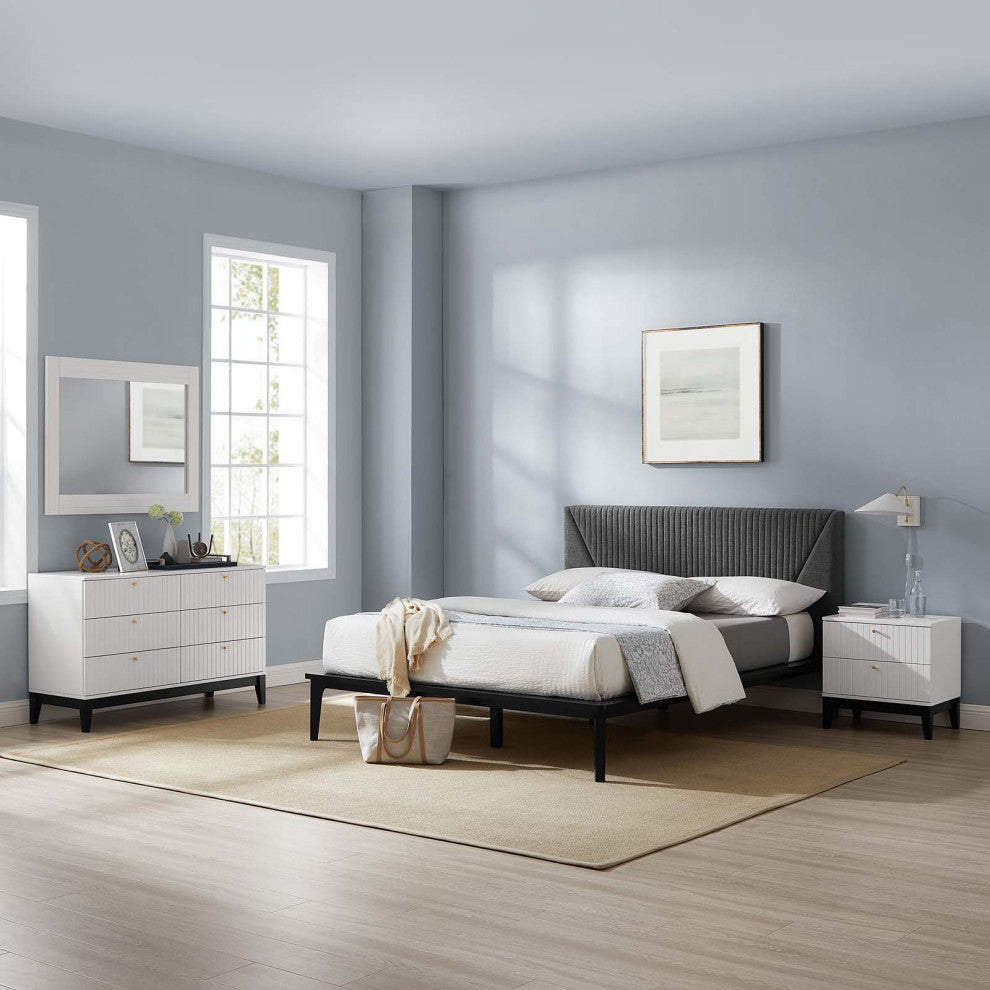 Platform Bed Dresser Chest Nightstand Set, Queen, White, Wood, Modern