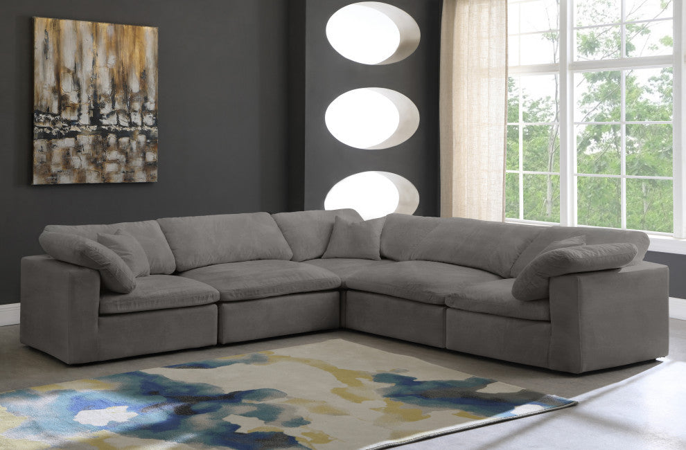 Cozy Velvet Upholstered Comfort L-Shaped Modular Sectional, Grey, 5-Piece: 2 Armless Chair, 3 Corner Chair
