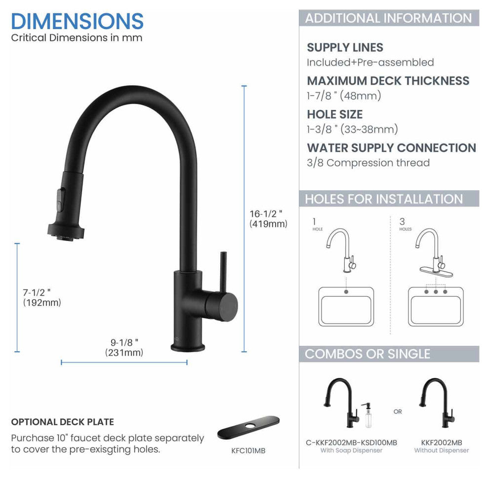 Casa Single Handle Pull Down Faucet, Matte Black, W/ Soap Dispenser