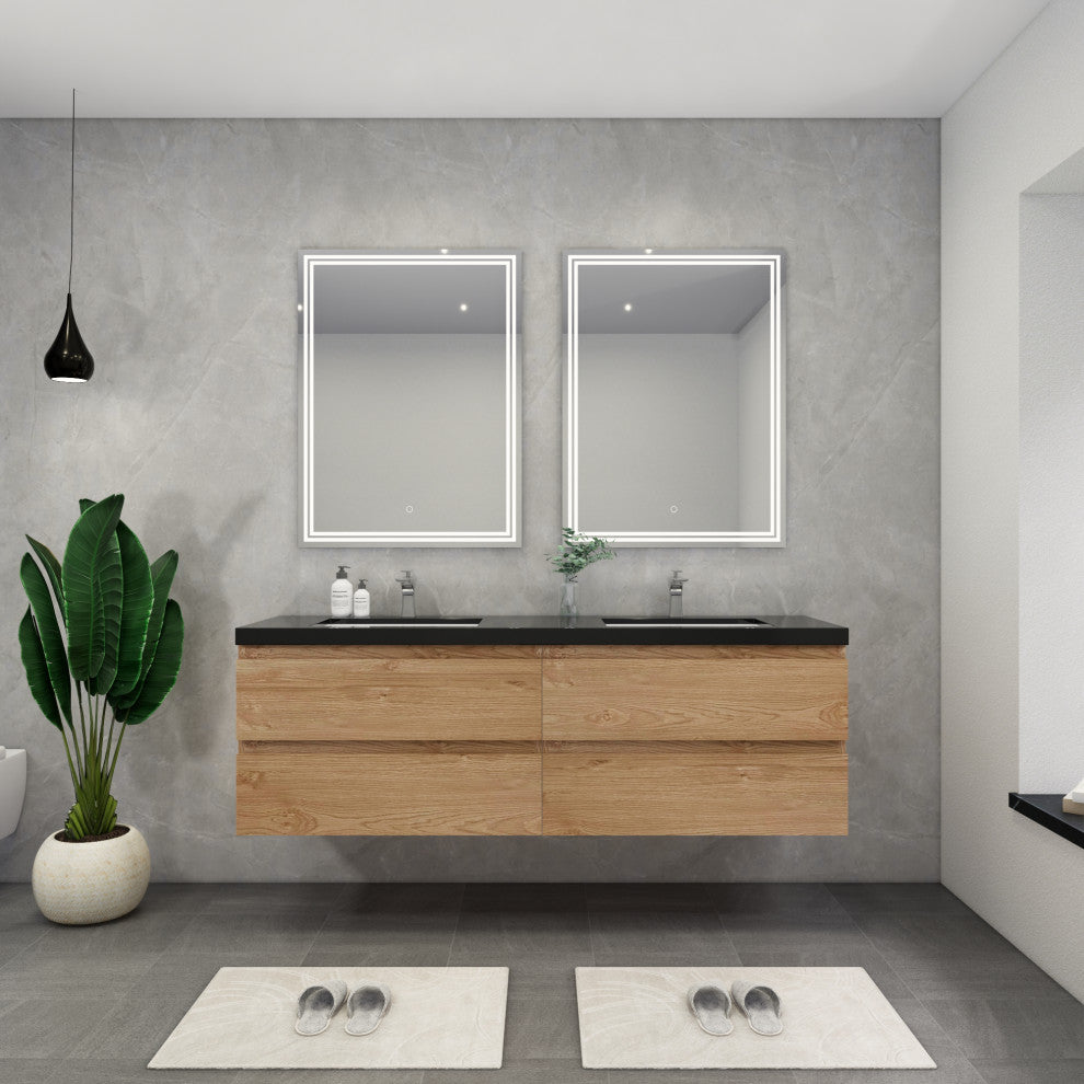 Belli 72" Double Sink Wall Mount Vanity Set, New England Oak, Matt Black Top