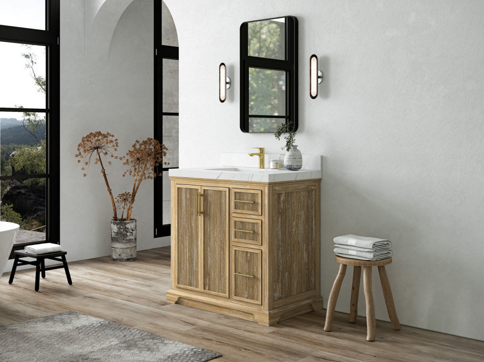 Alys Teak 36 Bathroom Vanity Center Sink Whitewashed 2" Empira Quartz