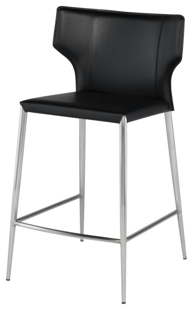 Wayne Counter Stool, Black Leather, Brushed Stainless Steel Legs