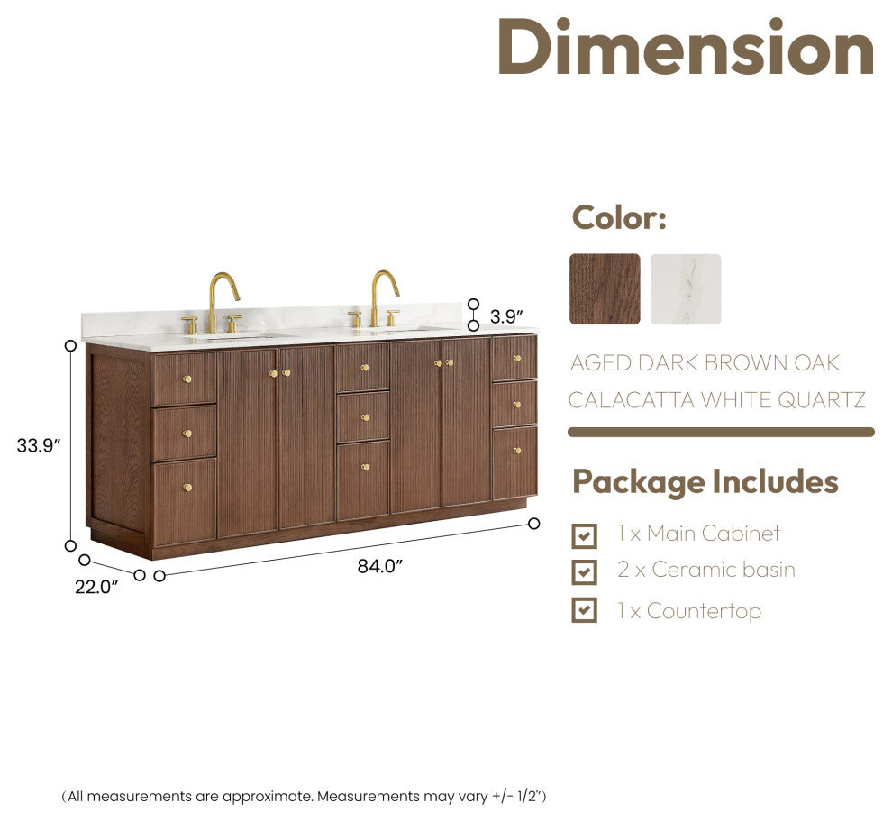 Oza Bath Vanity with Quartz Stone Top, Aged Dark Brown Oak, 84", Double Vanity, No Mirror