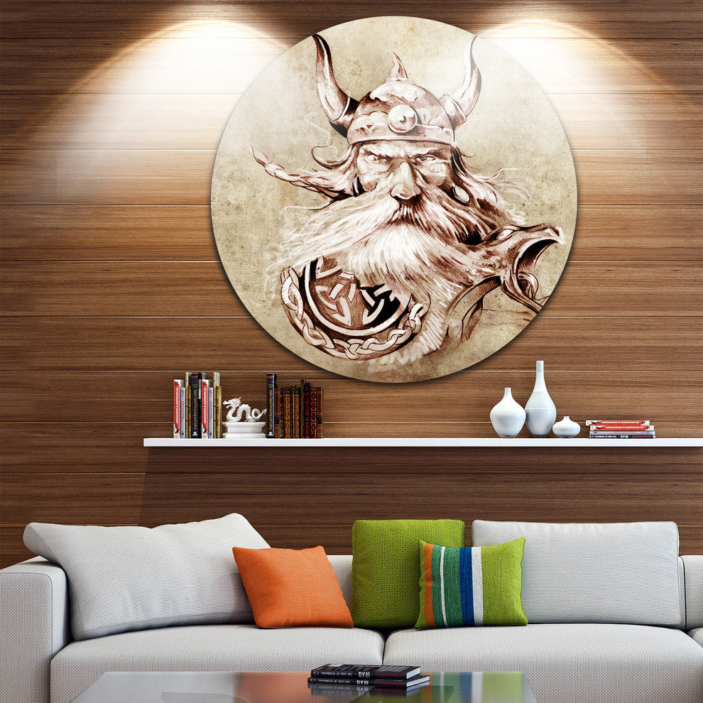 Viking Warrior Tattoo Sketch, Portrait Digital Disc Metal Wall Art, 23"