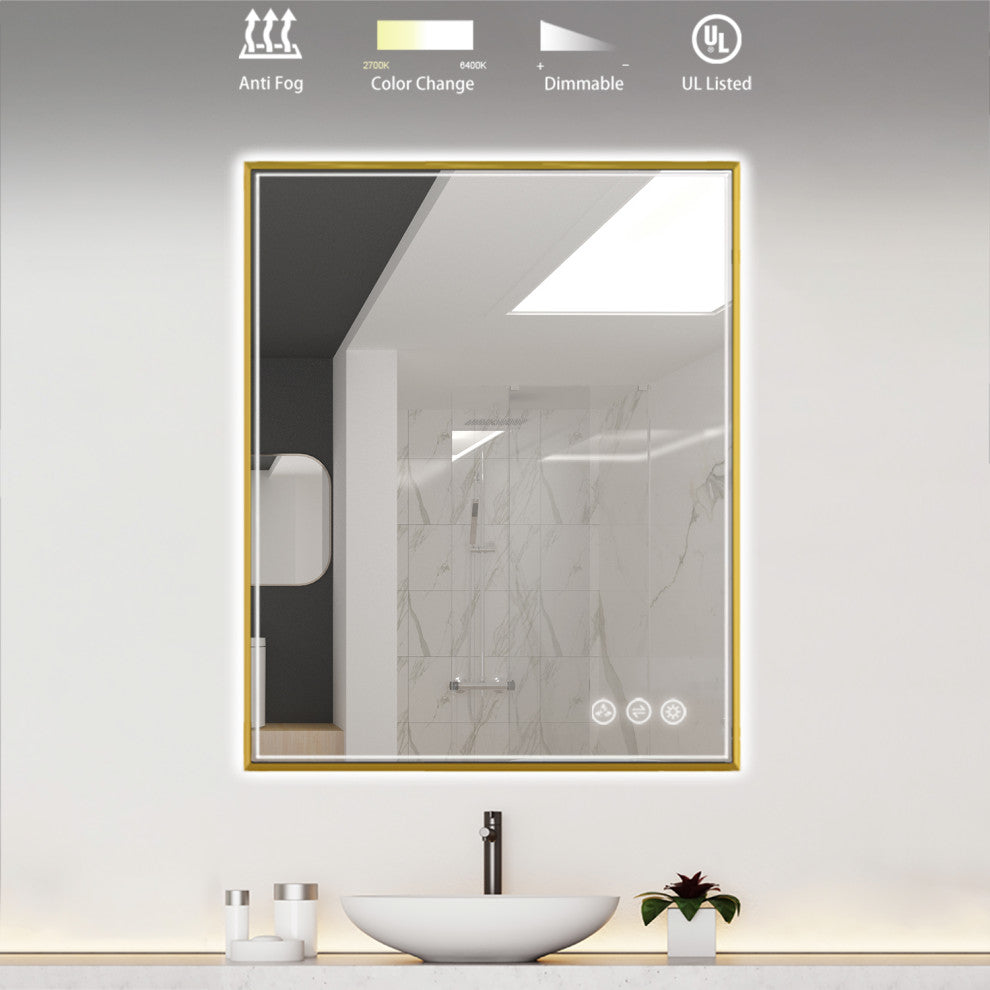 Fogless, Dimmable, Color Temperature Adjustable LED Mirror, Brush Gold, 30x36