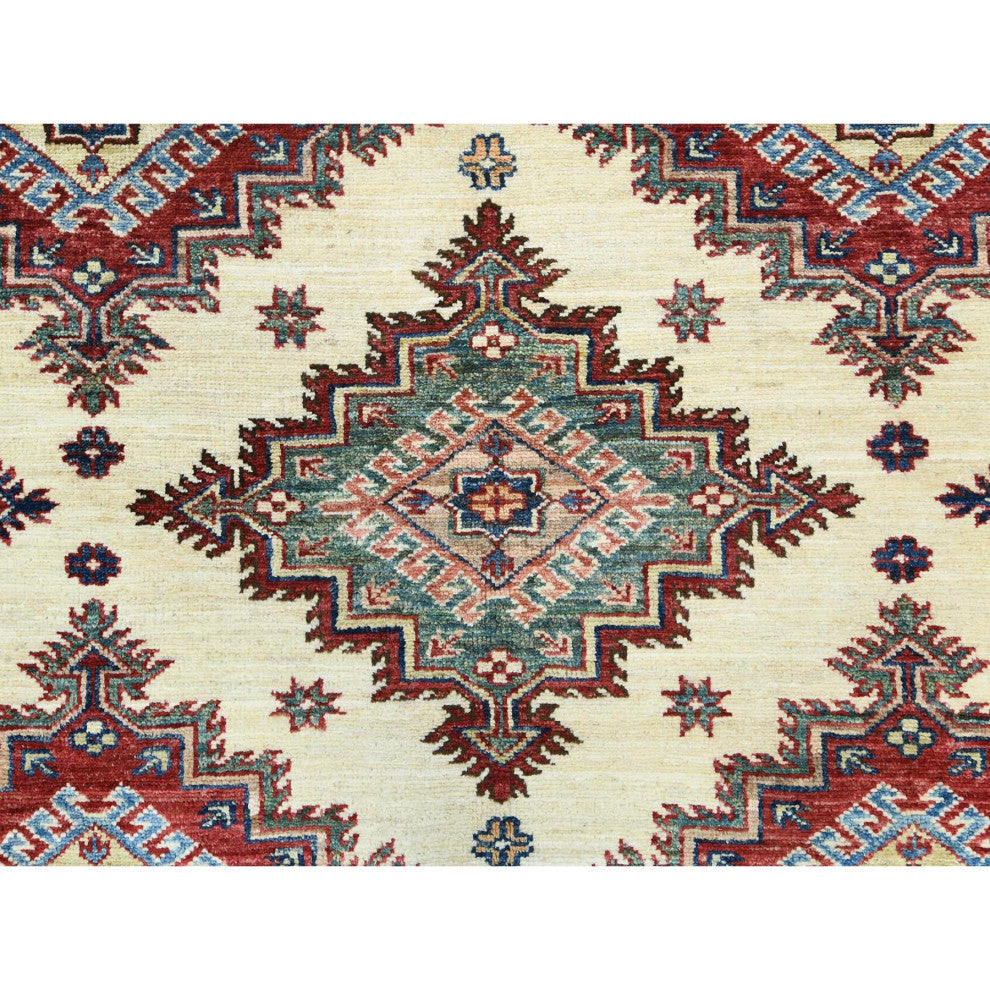 Ivory, Afghan Super Kazak Natural Wool Hand Knotted Oriental Rug, 9'3"x12'0"