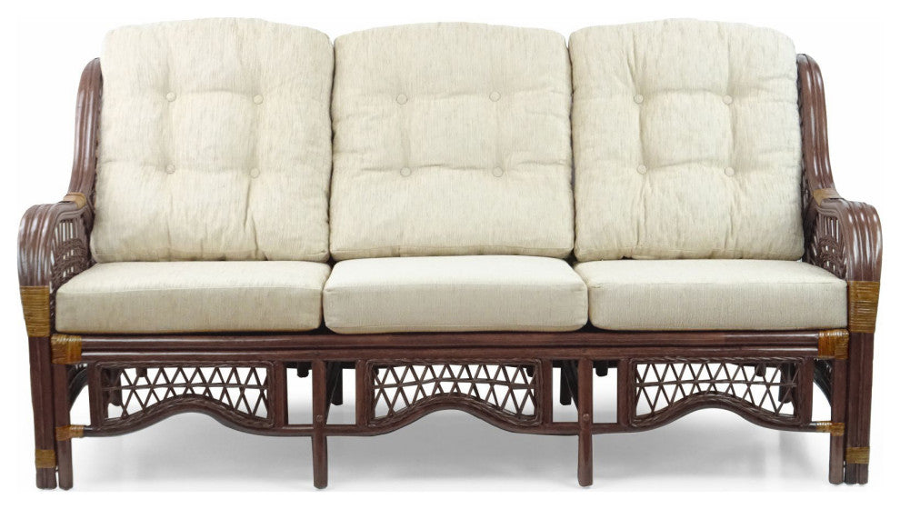 Malibu Handmade 3-Seater Sofa Natural Rattan Wicker, Dark Brown, Cream Cushion