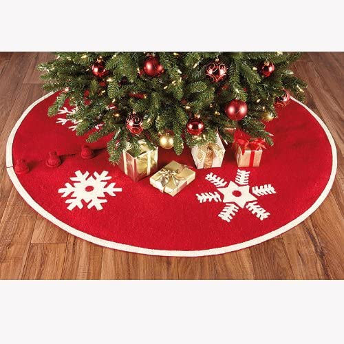 Handmade Christmas Tree Skirt in Felt - Snowflakes on Red -72"