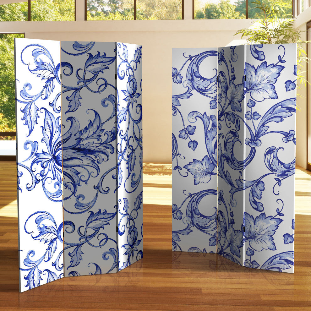 6' Tall Double Sided Blue Filigree Canvas Room Divider
