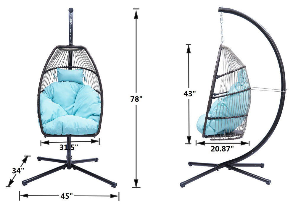 Outdoor Patio Wicker Folding Swing Chair Hanging With Bracket and Cushion Pillow