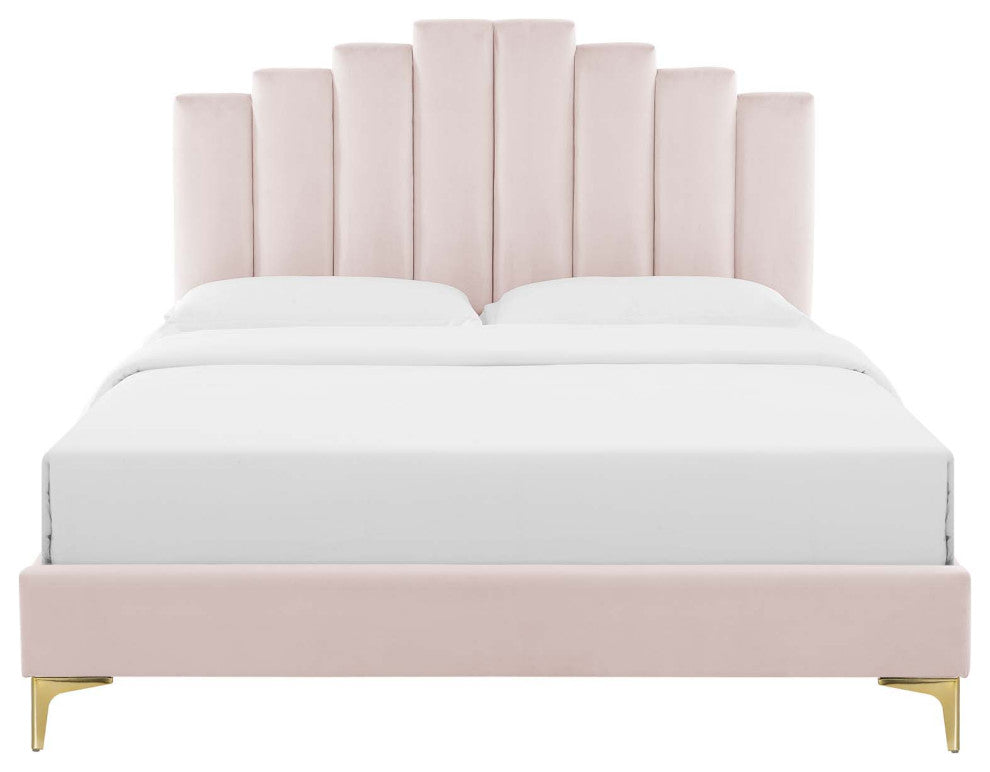 Platform Bed Frame, Full Size, Velvet, Pink, Modern Contemporary, Bedroom Master