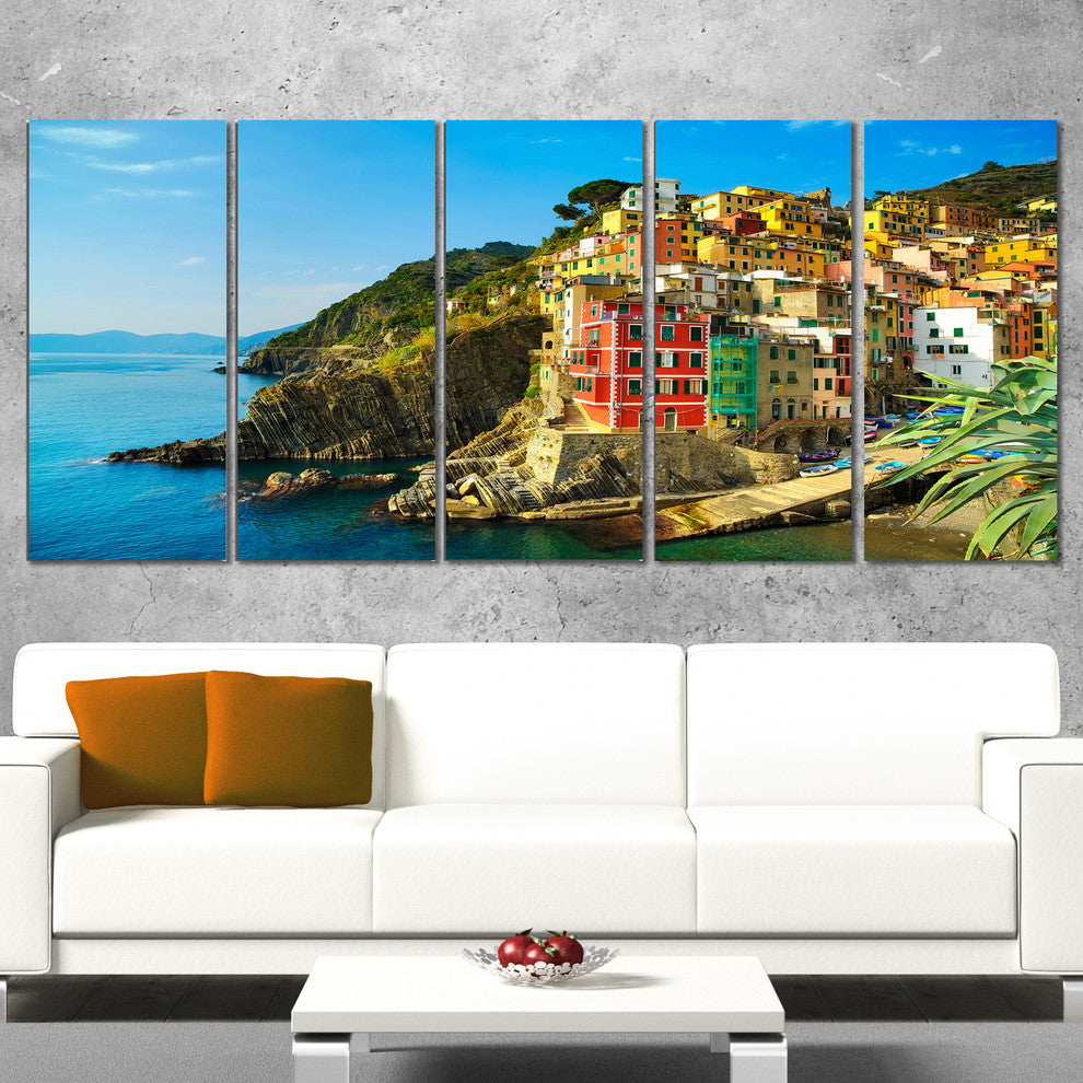 Riomaggiore Village Rocky Beach, Seascape Canvas Art Print, 60"x28", 5 Panels