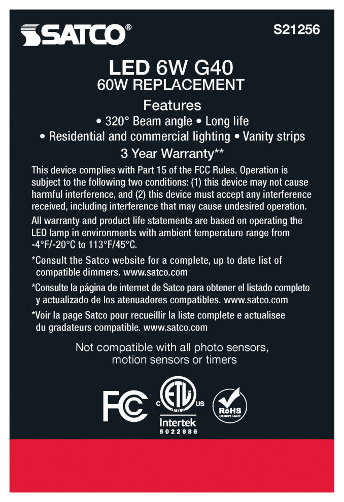 6W G40 LED, White, Medium Base, 90 CRI, 3000K, 120V