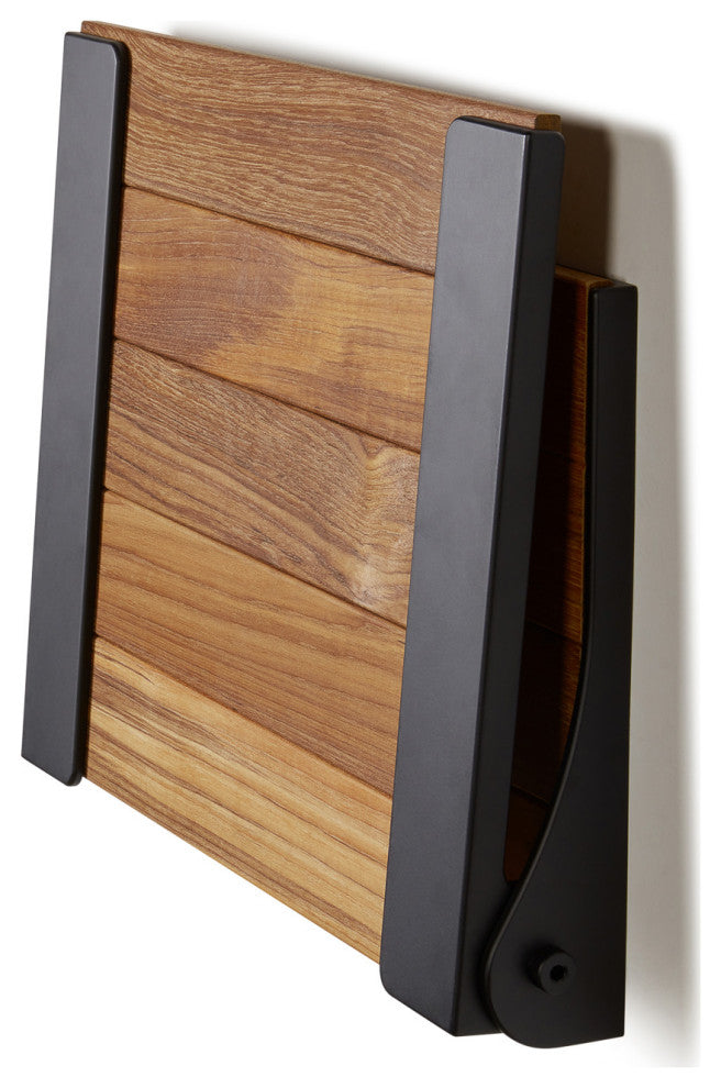 Silhouette Natural Teak Wood Folding Shower Bench Seat, Matte Black Frame