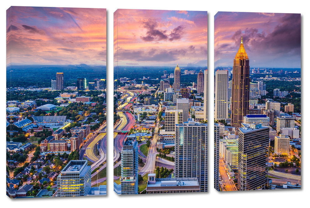 Atlanta Georgia Skyline Canvas Print Wall Art, 3 Panel Split, Triptych, 24x16