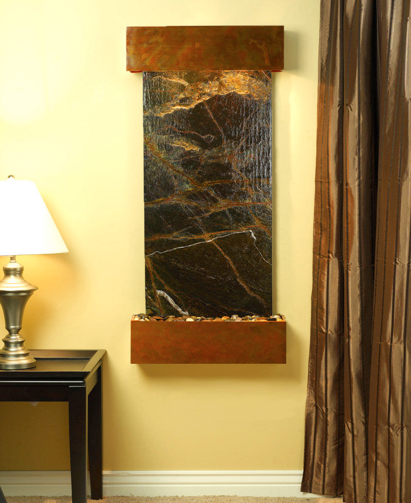 Cascade Springs Water Fountain, Green Marble, Rustic Copper, Square