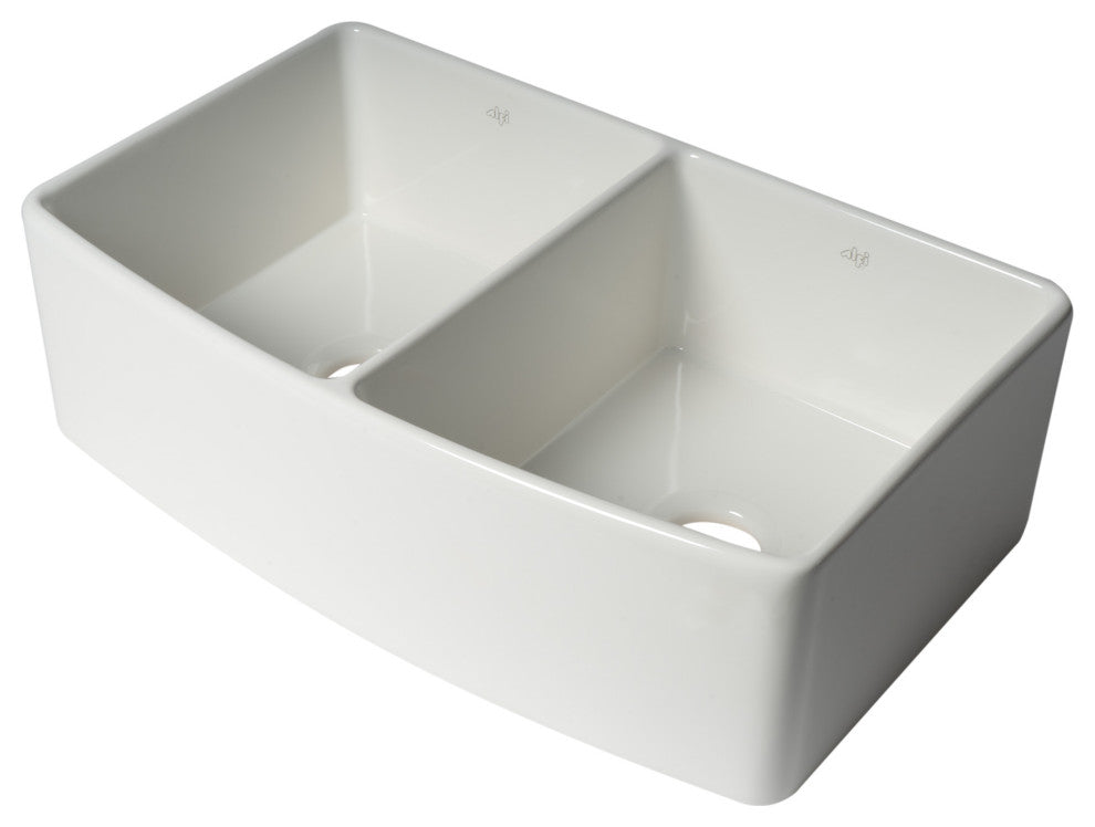 ALFI Brand ABFC3320D-W Smooth Curved Apron Two Bowl Fireclay Farm Sink with Gri