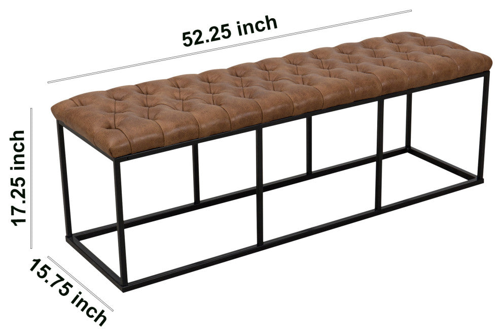 Benzara BM194860 Bench With Button Tufted Cushioned Seat and Metal Base, Brown