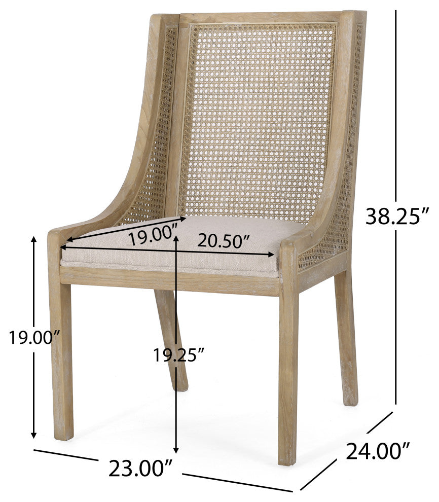 Wendell Rustic Fabric Upholstered Wood and Cane Dining Chairs, Set of 2, Beige