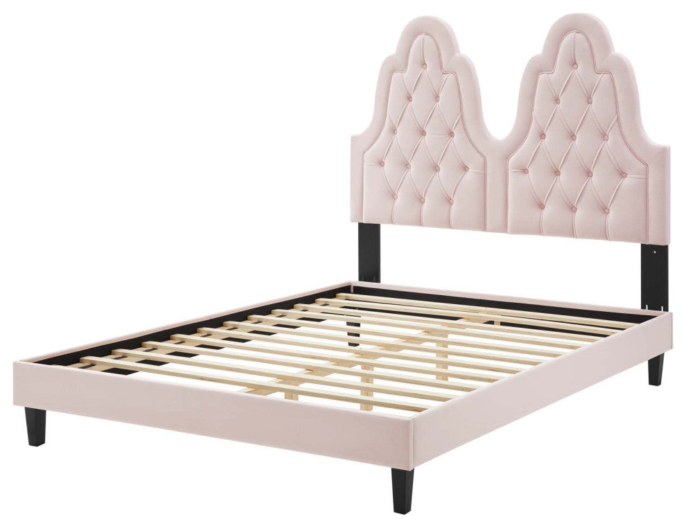 Tufted Platform Bed Frame, Twin Size, Velvet, Pink, Modern Contemporary, Bedroom