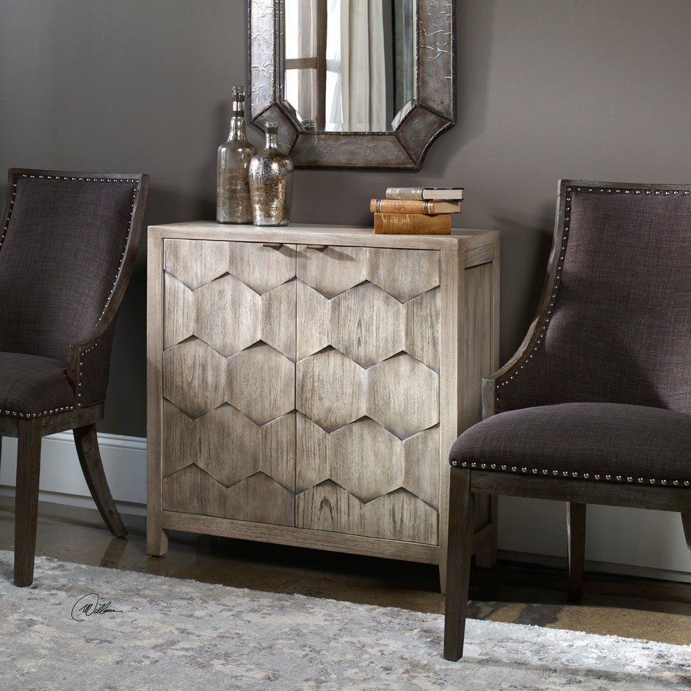 MidCentury Ivory Gray Distressed Wood Cabinet Accent Console Diamond Honeycomb