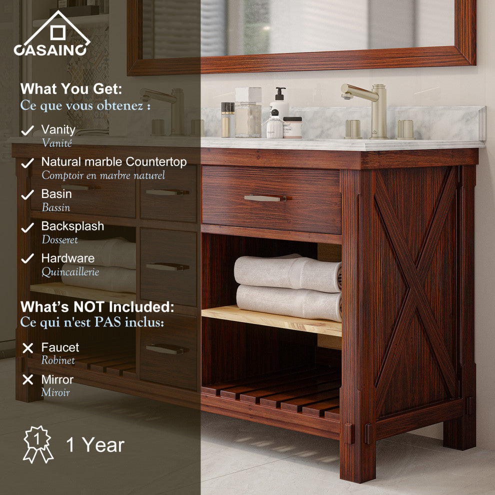 Freestanding Bath Vanity in Brown with White Carrara Marble Top, 60in