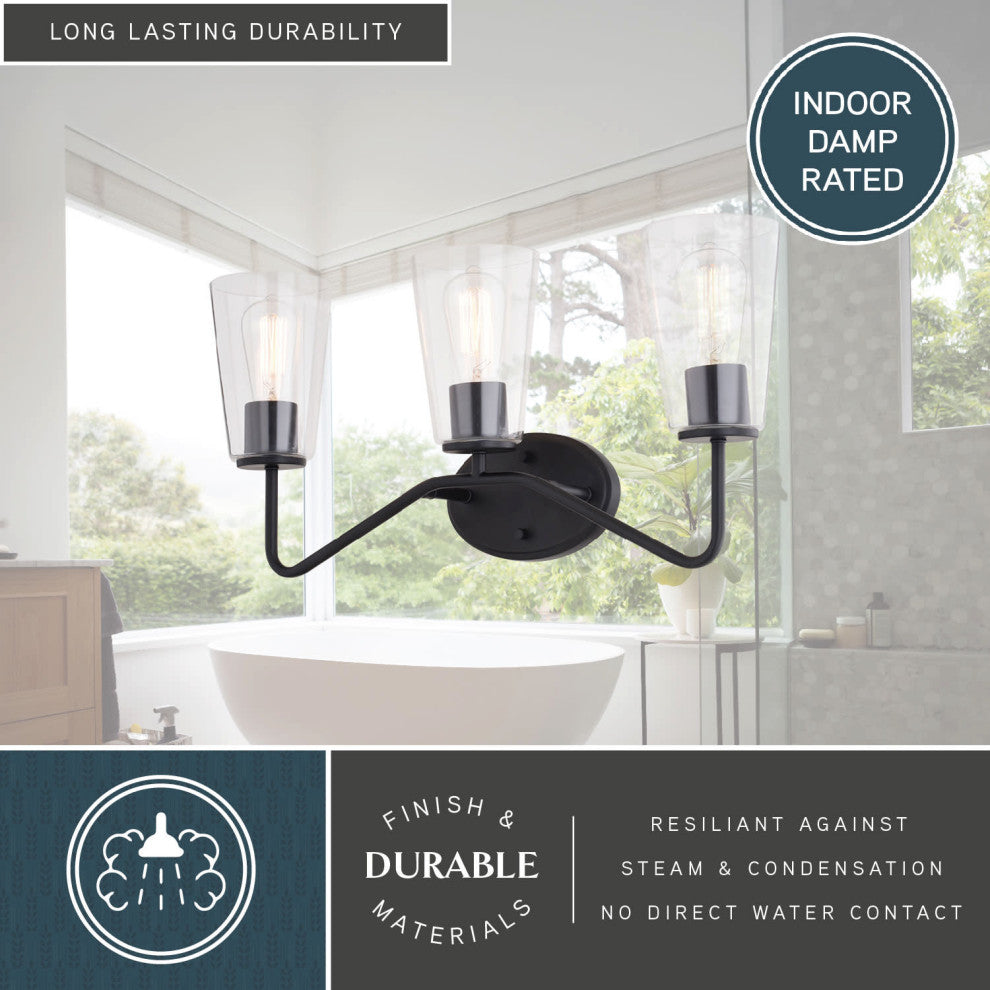 Beverly 3 Light Matte Black Bathroom Vanity Fixture Clear Glass, LED Compatible