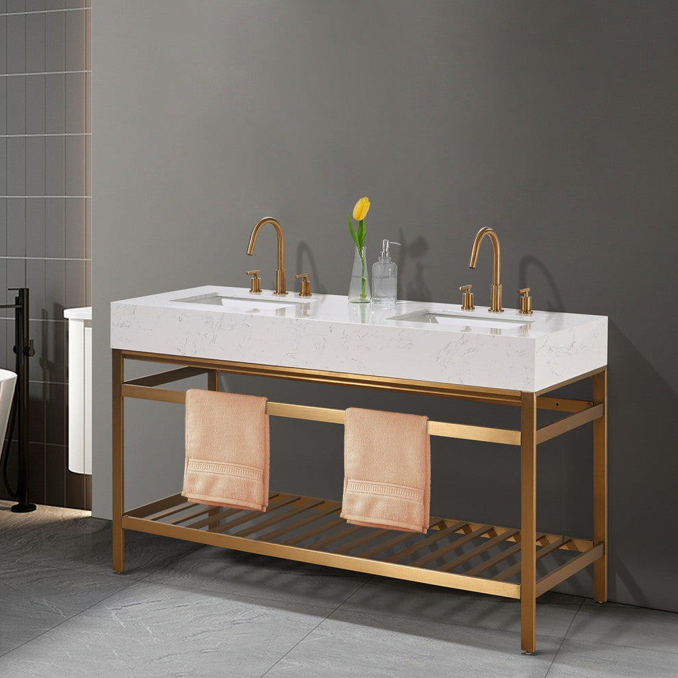 Merano Stainless Steel Vanity Console With Aosta White Stone Countertop, Brushed Gold, 60", No Mirror