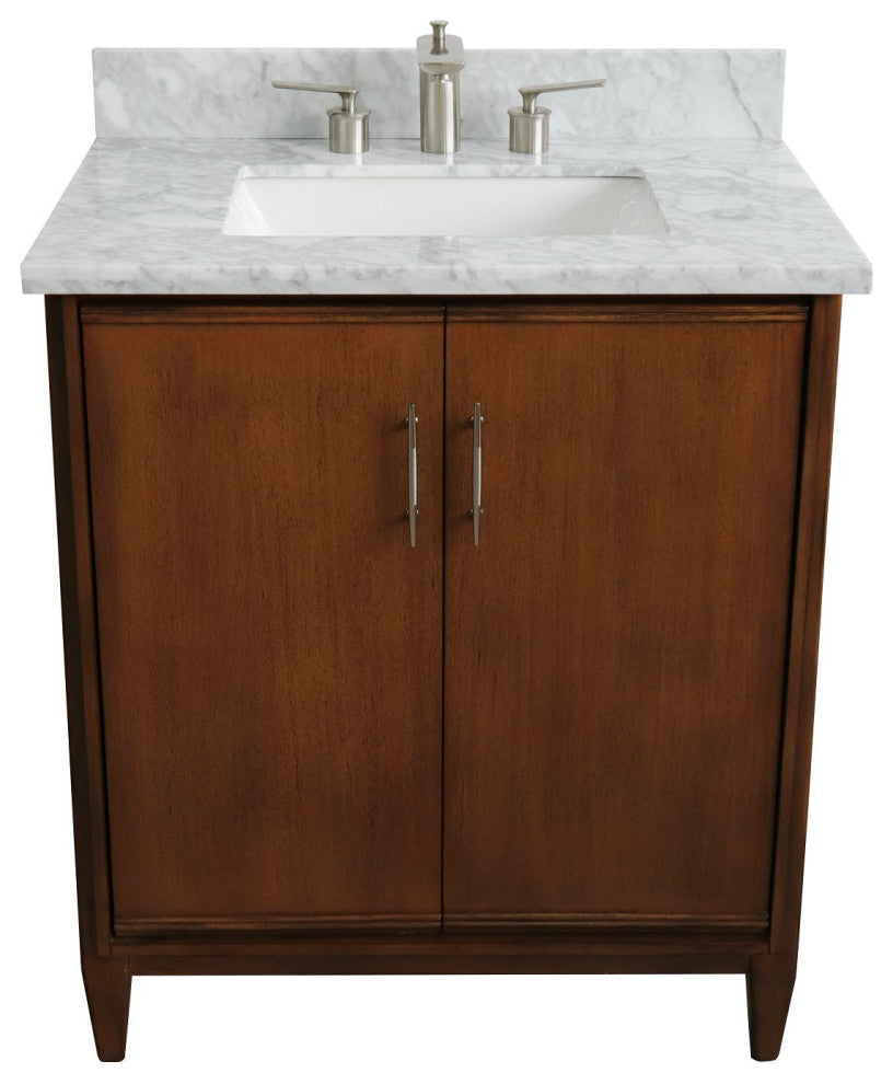 31" Single Sink Vanity, Walnut Finish With White Carrara Marble