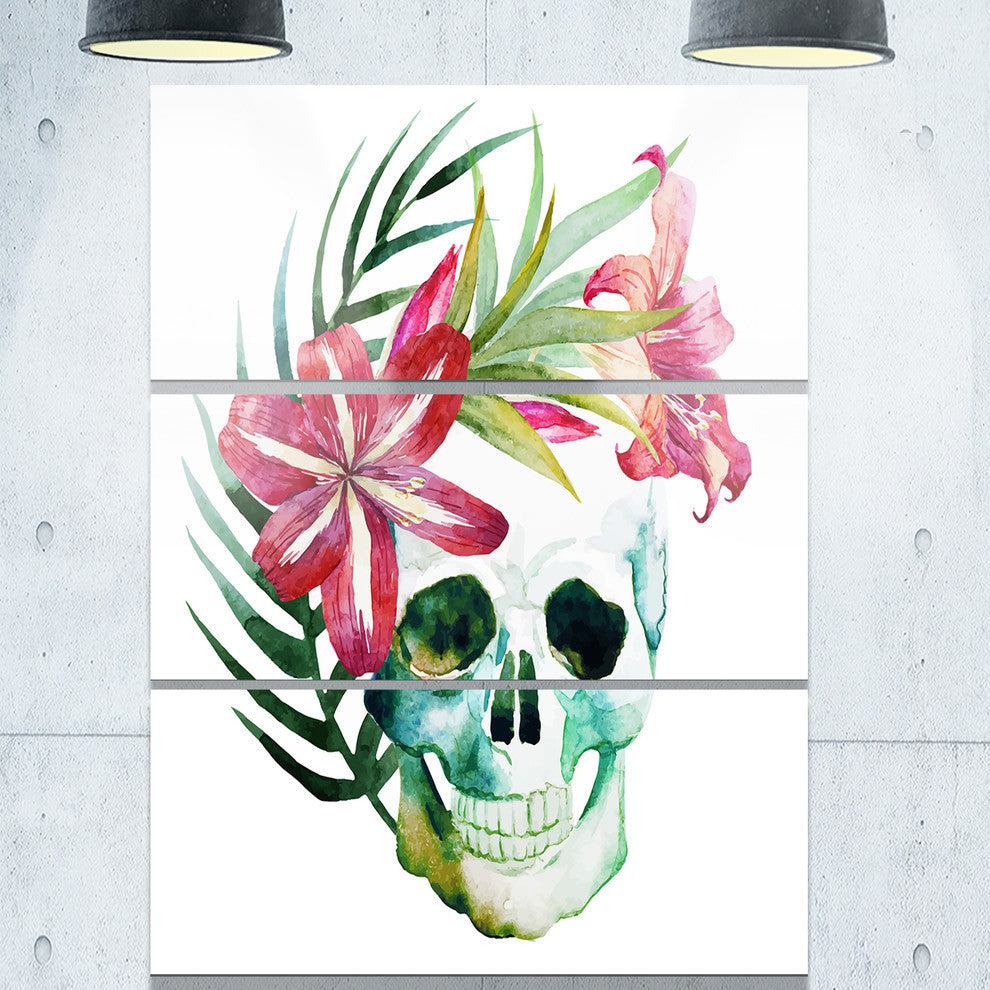 "Watercolor Skull With Flowers" Glossy Metal Wall Art, 3 Panels, 28"x36"